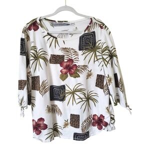Hot Cotton Womens Tropical Floral Print Tie Sleeve Top 1X Ruched Sides White
